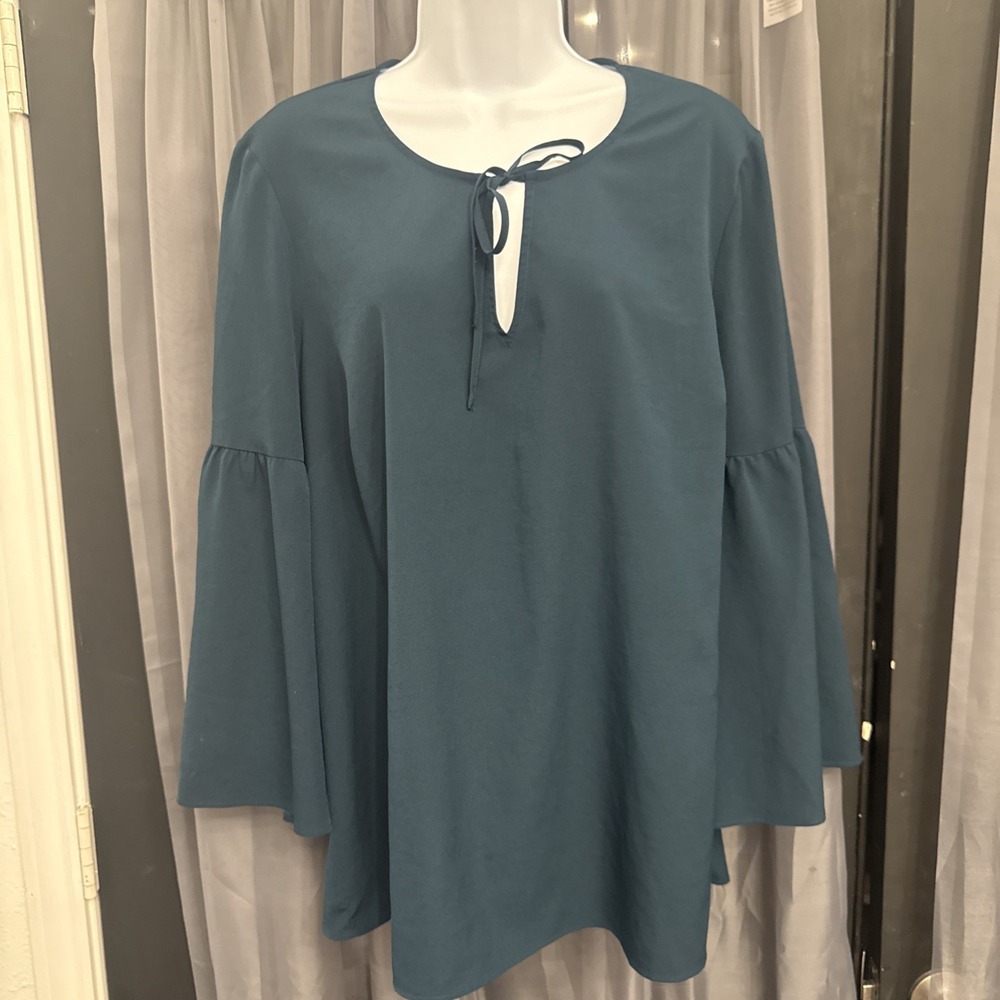 Boden Teal Keyhole Tie Neck Blouse Top Plus Size US 16 UK 20 Flowy Long Sleeve
